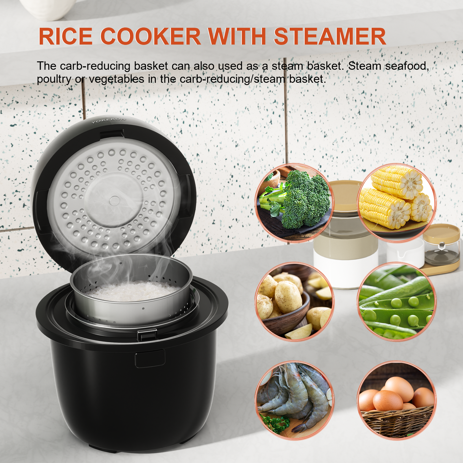 Rice Cooker Small Low Carb, YOKEKON 6-cup (cooked) Rice Cooker with Stainless Steel Steamer, 8-in-1 Rice Maker - Image 4