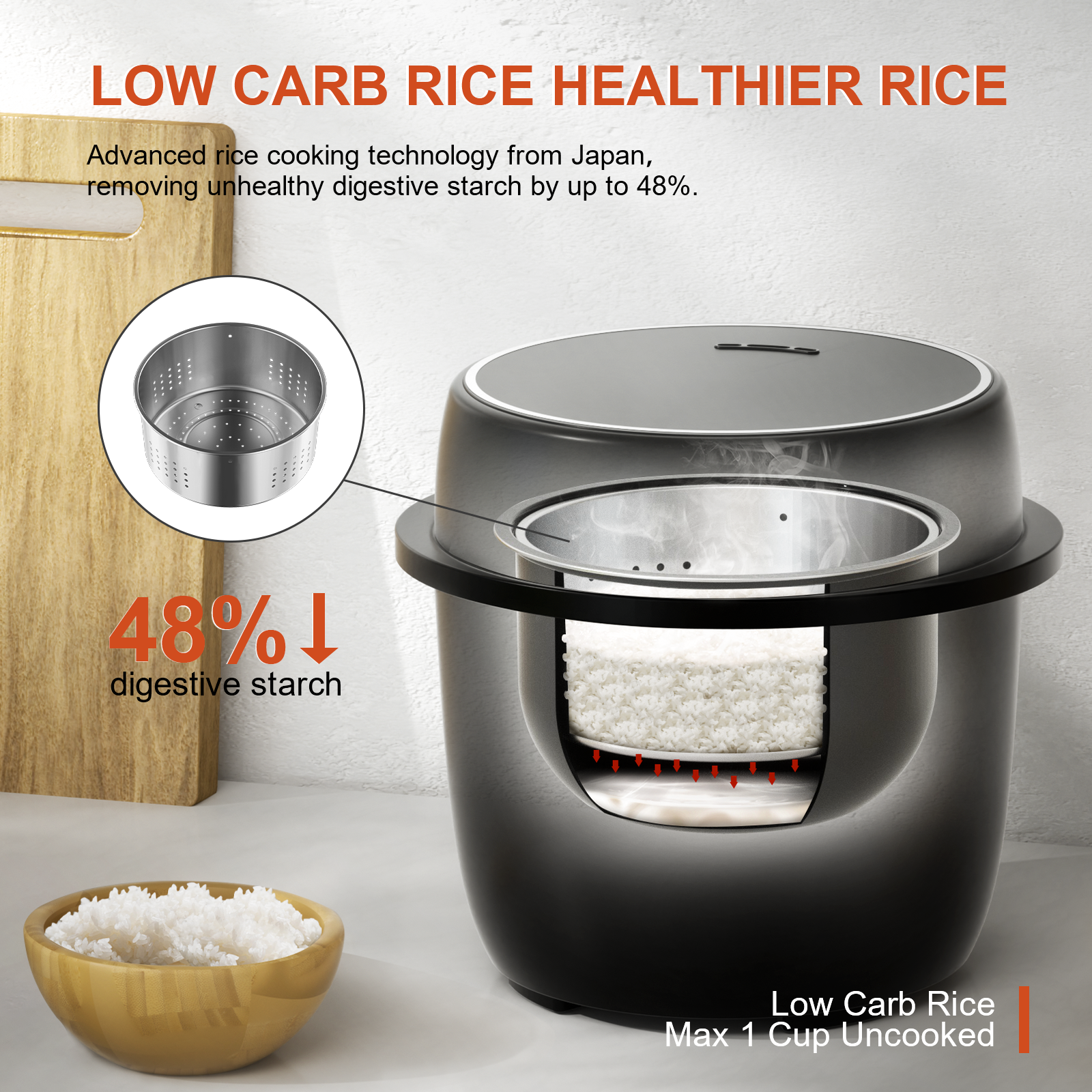 Rice Cooker Small Low Carb, YOKEKON 6-cup (cooked) Rice Cooker with Stainless Steel Steamer, 8-in-1 Rice Maker - Image 2