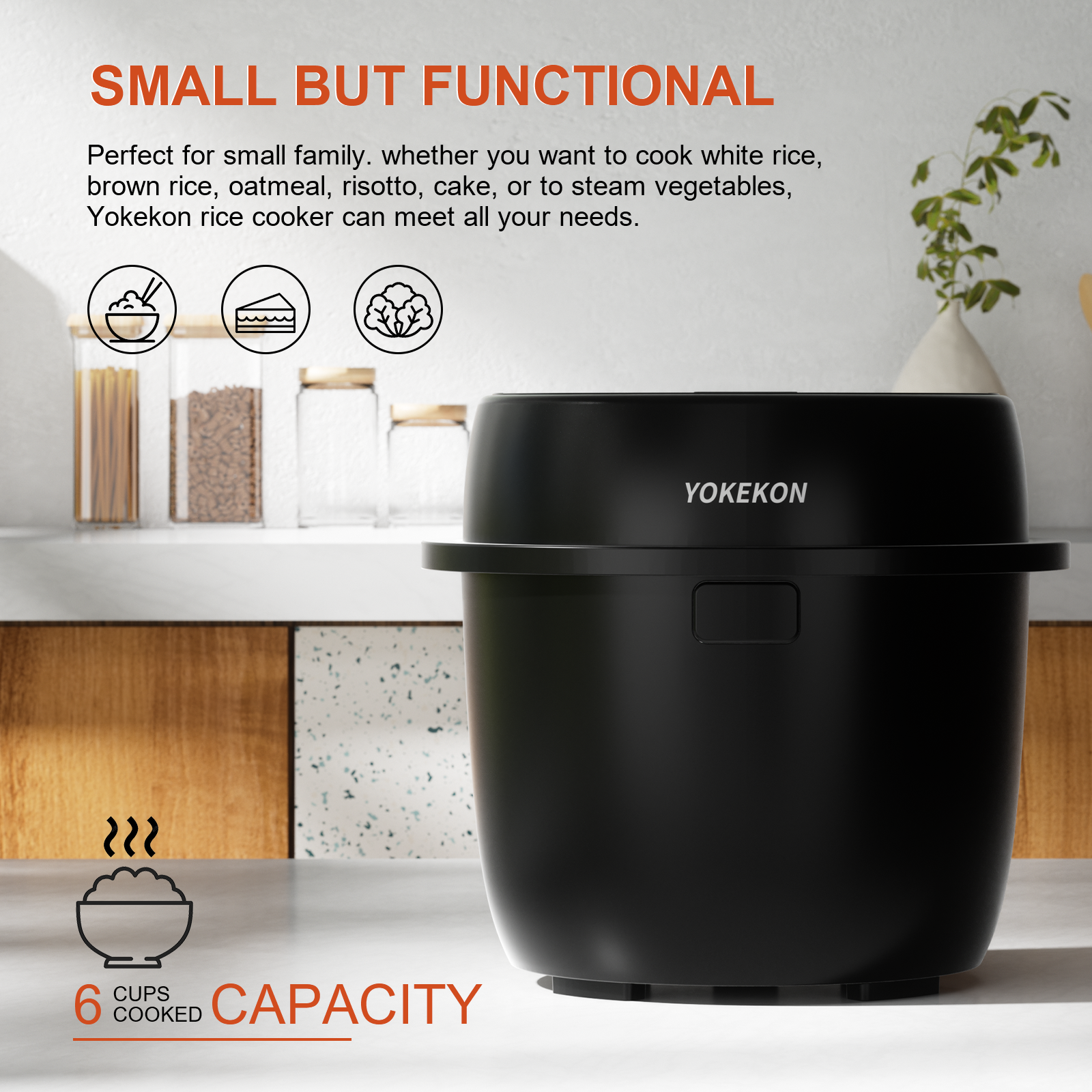 Rice Cooker Small Low Carb, YOKEKON 6-cup (cooked) Rice Cooker with Stainless Steel Steamer, 8-in-1 Rice Maker - Image 3